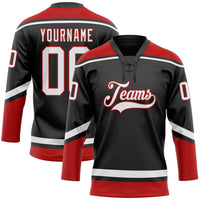 Custom Hockey Jersey, Black White Red Sportswear Jersey Shirt, Athletic Long Sleeve V Neck Jersey, Casual Gift for Men, Style Black1618