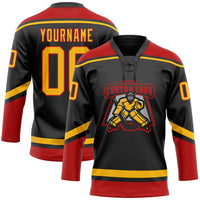 Custom Hockey Jersey, Black Gold Red Sportswear Jersey Shirt, Athletic Long Sleeve V Neck Jersey, Casual Gift for Men, Style Black1641