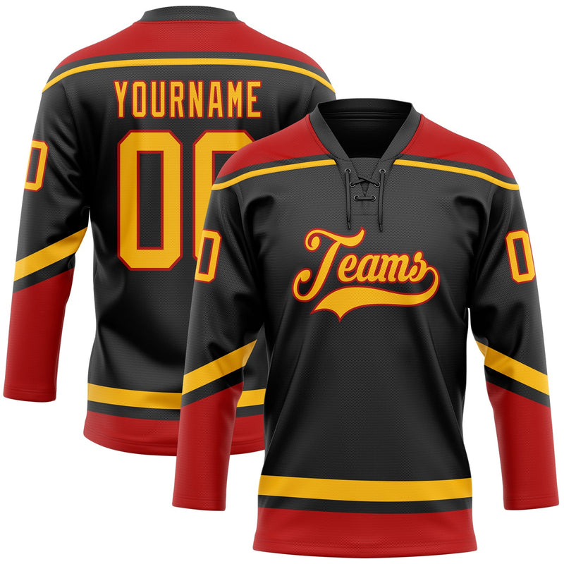 Custom Hockey Jersey, Black Gold Red Sportswear Jersey Shirt, Athletic Long Sleeve V Neck Jersey, Casual Gift for Men, Style Black1641