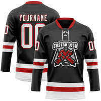 Custom Hockey Jersey, Black White Red Sportswear Jersey Shirt, Athletic Long Sleeve V Neck Jersey, Casual Gift for Men, Style Black2297