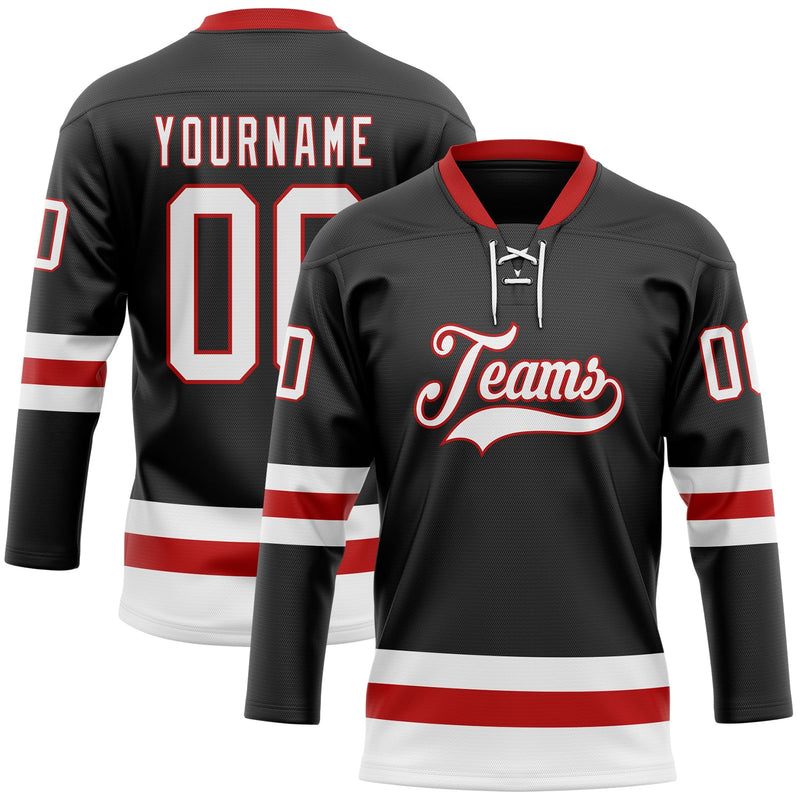 Custom Hockey Jersey, Black White Red Sportswear Jersey Shirt, Athletic Long Sleeve V Neck Jersey, Casual Gift for Men, Style Black2297