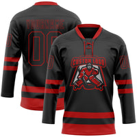 Custom Hockey Jersey, Black Red Sportswear Jersey Shirt, Athletic Long Sleeve V Neck Jersey, Casual Gift for Men, Style Black2298