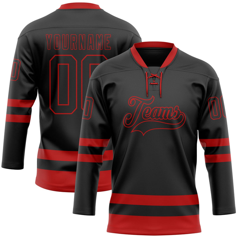 Custom Hockey Jersey, Black Red Sportswear Jersey Shirt, Athletic Long Sleeve V Neck Jersey, Casual Gift for Men, Style Black2298