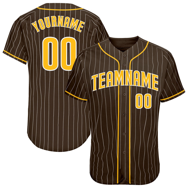 Custom Baseball Jersey, Brown White Gold Pinstripe Sportswear Jersey Shirt, Athletic Button Down Moisture Wicking Jersey, Casual Gift for Men