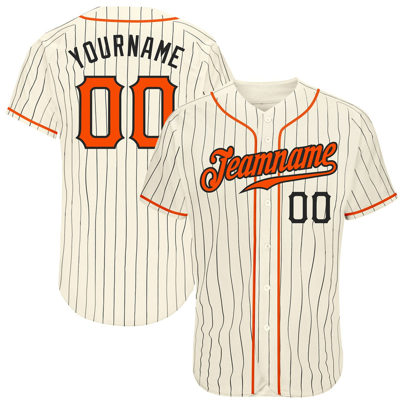 Custom Baseball Jersey, Cream Black Orange Pinstripe Sportswear Jersey Shirt, Athletic Button Down Moisture Wicking Jersey, Casual Gift for Men