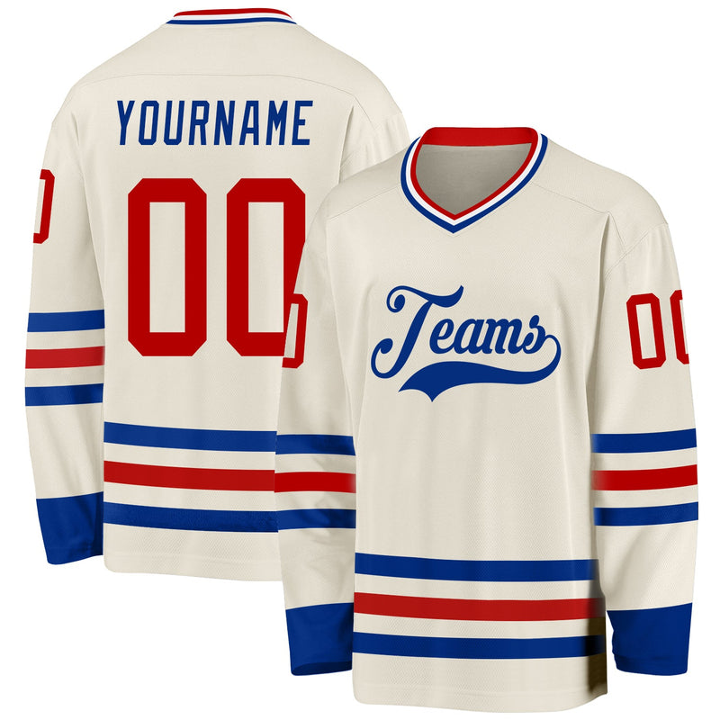 Custom Hockey Jersey, Cream Red Royal Sportswear Jersey Shirt, Athletic Long Sleeve V Neck Jersey, Casual Gift for Men, Style Cream0946