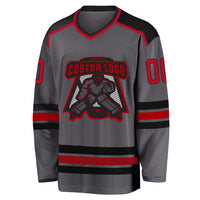 Custom Hockey Jersey, Gray Red Black Sportswear Jersey Shirt, Athletic Long Sleeve V Neck Jersey, Casual Gift for Men, Style DarkGray0002