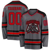 Custom Hockey Jersey, Gray Red Black Sportswear Jersey Shirt, Athletic Long Sleeve V Neck Jersey, Casual Gift for Men, Style DarkGray0002