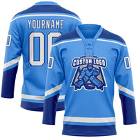 Custom Hockey Jersey, Blue White Royal Sportswear Jersey Shirt, Athletic Long Sleeve V Neck Jersey, Casual Gift for Men, Style ElectricBlue0056