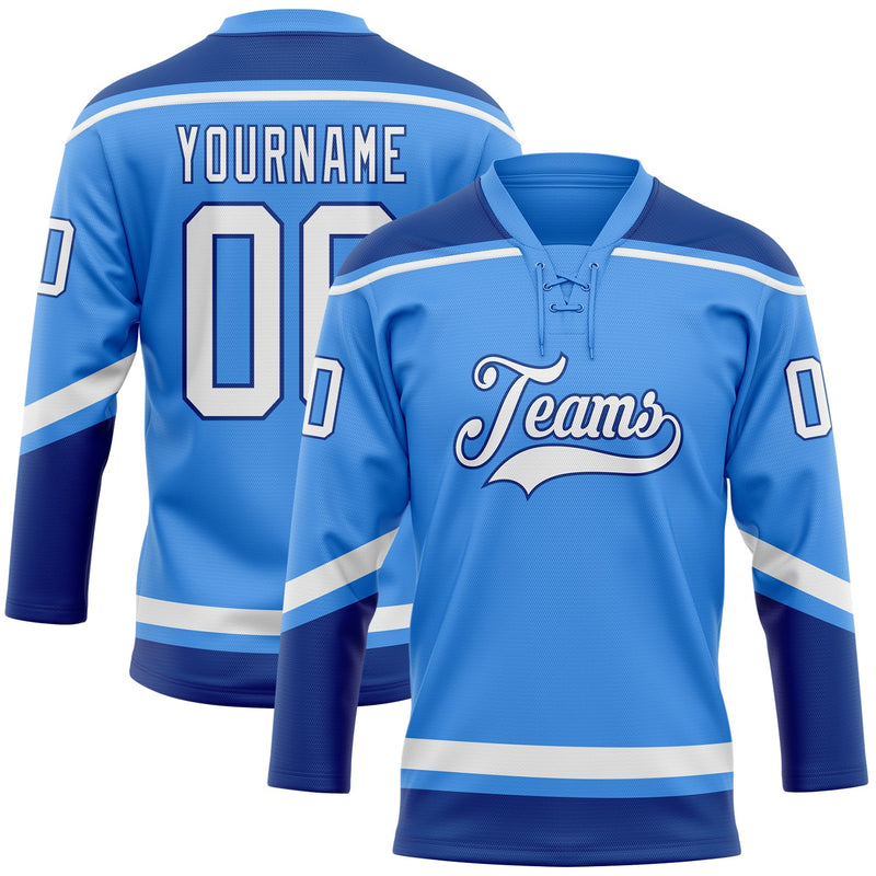 Custom Hockey Jersey, Blue White Royal Sportswear Jersey Shirt, Athletic Long Sleeve V Neck Jersey, Casual Gift for Men, Style ElectricBlue0056