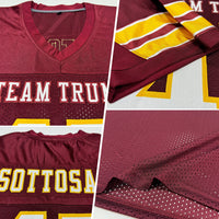 Custom Football Jersey, Burgundy White Gold Sportswear Jersey Shirt, Athletic Mesh Moisture Wicking Jersey, Casual Gift for Men