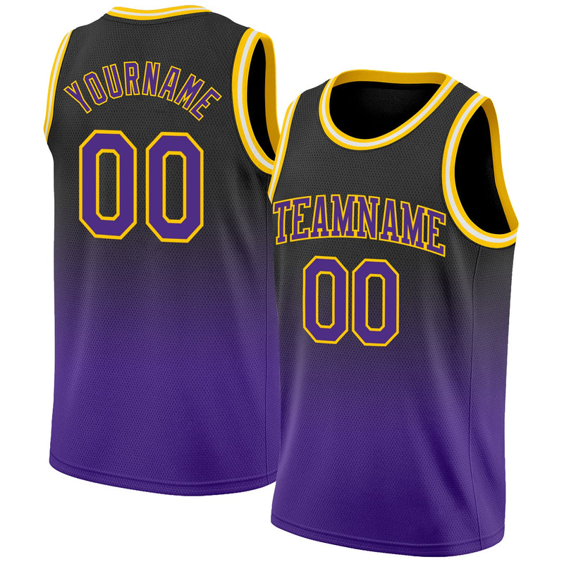 Custom Basketball Jersey, Black Purple Gold Fashion Sportswear Jersey Shirt, Athletic Mesh Moisture Wicking Jersey, Casual Gift for Men