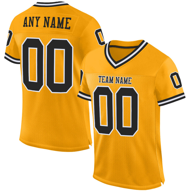 Custom Football Jersey, Gold Black White Sportswear Jersey Shirt, Athletic Mesh Moisture Wicking Jersey, Casual Gift for Men, Style Gold0116