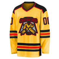 Custom Hockey Jersey, Gold Black Red Sportswear Jersey Shirt, Athletic Long Sleeve V Neck Jersey, Casual Gift for Men