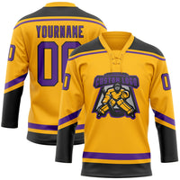 Custom Hockey Jersey, Gold Purple Black Sportswear Jersey Shirt, Athletic Long Sleeve V Neck Jersey, Casual Gift for Men