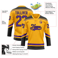 Custom Hockey Jersey, Gold Purple Black Sportswear Jersey Shirt, Athletic Long Sleeve V Neck Jersey, Casual Gift for Men