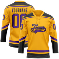 Custom Hockey Jersey, Gold Purple Black Sportswear Jersey Shirt, Athletic Long Sleeve V Neck Jersey, Casual Gift for Men