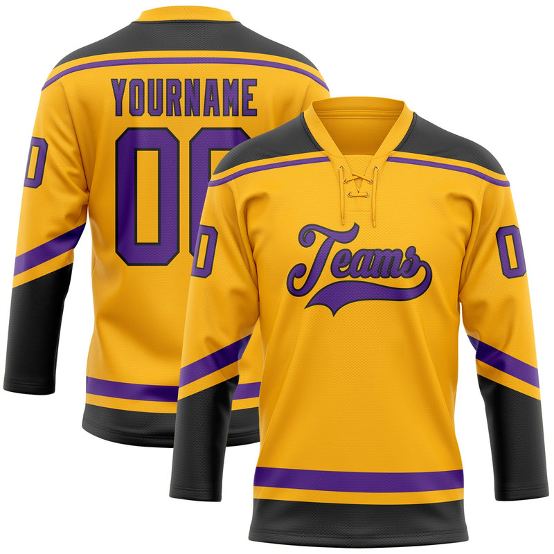 Custom Hockey Jersey, Gold Purple Black Sportswear Jersey Shirt, Athletic Long Sleeve V Neck Jersey, Casual Gift for Men