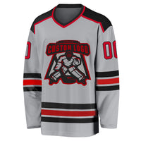 Custom Hockey Jersey, Gray Red Black Sportswear Jersey Shirt, Athletic Long Sleeve V Neck Jersey, Casual Gift for Men, Style Gray0357