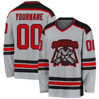 Custom Hockey Jersey, Gray Red Black Sportswear Jersey Shirt, Athletic Long Sleeve V Neck Jersey, Casual Gift for Men, Style Gray0357