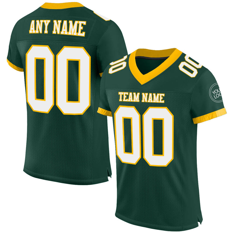 Custom Football Jersey, Green White Gold Sportswear Jersey Shirt, Athletic Mesh Moisture Wicking Jersey, Casual Gift for Men