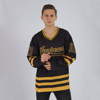 Custom Hockey Jersey, Black Gold Sportswear Jersey Shirt, Athletic Long Sleeve V Neck Jersey, Casual Gift for Men, Style Black0543