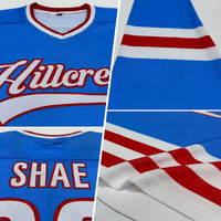 Custom Hockey Jersey, Blue White Red Sportswear Jersey Shirt, Athletic Long Sleeve V Neck Jersey, Casual Gift for Men