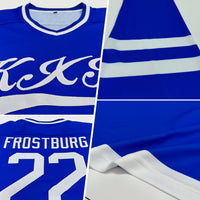 Custom Hockey Jersey, Royal White Sportswear Jersey Shirt, Athletic Long Sleeve V Neck Jersey, Casual Gift for Men, Style Royal0249
