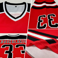 Custom Hockey Jersey, Red Black White Sportswear Jersey Shirt, Athletic Long Sleeve V Neck Jersey, Casual Gift for Men, Style Red0481