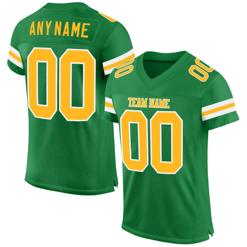 Custom Football Jersey, Green Gold Sportswear Jersey Shirt, Athletic Mesh Moisture Wicking Jersey, Casual Gift for Men, Style KellyGreen0138