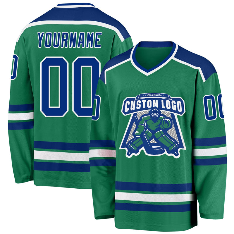 Custom Hockey Jersey, Kelly Green Royal Sportswear Jersey Shirt, Athletic Long Sleeve V Neck Jersey, Casual Gift for Men, Style KellyGreen0281