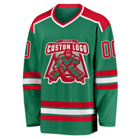 Custom Hockey Jersey, Kelly Green Red Sportswear Jersey Shirt, Athletic Long Sleeve V Neck Jersey, Casual Gift for Men