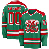 Custom Hockey Jersey, Kelly Green Red Sportswear Jersey Shirt, Athletic Long Sleeve V Neck Jersey, Casual Gift for Men