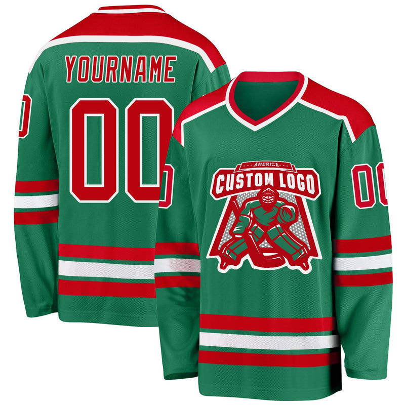 Custom Hockey Jersey, Kelly Green Red Sportswear Jersey Shirt, Athletic Long Sleeve V Neck Jersey, Casual Gift for Men