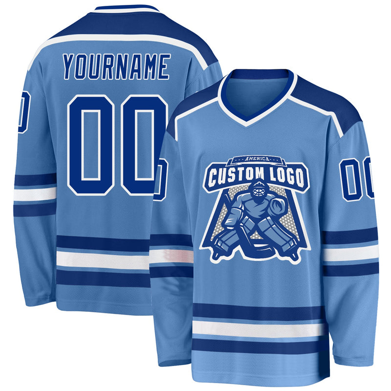 Custom Hockey Jersey, Light Blue Royal White Sportswear Jersey Shirt, Athletic Long Sleeve V Neck Jersey, Casual Gift for Men