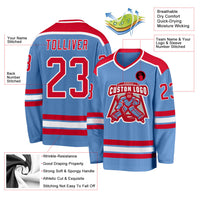 Custom Hockey Jersey, Light Blue Red White Sportswear Jersey Shirt, Athletic Long Sleeve V Neck Jersey, Casual Gift for Men
