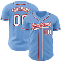 Custom Baseball Jersey, Light Blue White Red Sportswear Jersey Shirt, Athletic Button Down Moisture Wicking Jersey, Casual Gift for Men