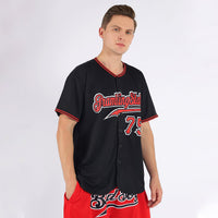 Custom Baseball Jersey, Black Red Sportswear Jersey Shirt, Athletic Button Down Moisture Wicking Jersey, Casual Gift for Men, Style Black0233