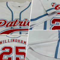 Custom Baseball Jersey, White Red Light Blue Sportswear Jersey Shirt, Athletic Button Down Moisture Wicking Jersey, Casual Gift for Men