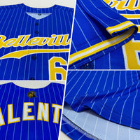 Custom Baseball Jersey, Royal White Gold Pinstripe Sportswear Jersey Shirt, Athletic Button Down Moisture Wicking Jersey, Casual Gift for Men