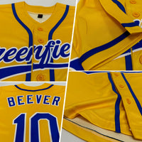 Custom Baseball Jersey, Yellow Royal White Sportswear Jersey Shirt, Athletic Button Down Moisture Wicking Jersey, Casual Gift for Men
