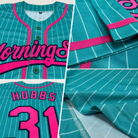 Custom Baseball Jersey, Aqua White Pink Pinstripe Sportswear Jersey Shirt, Athletic Button Down Moisture Wicking Jersey, Casual Gift for Men