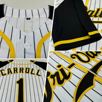 Custom Baseball Jersey, White Black Gold Pinstripe Sportswear Jersey Shirt, Athletic Button Down Moisture Wicking Jersey, Casual Gift for Men