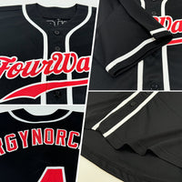 Custom Baseball Jersey, Black Red Sportswear Jersey Shirt, Athletic Button Down Moisture Wicking Jersey, Casual Gift for Men, Style Black0936