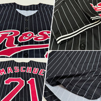 Custom Baseball Jersey, Black White Maroon Pinstripe Sportswear Jersey Shirt, Athletic Button Down Moisture Wicking Jersey, Casual Gift for Men