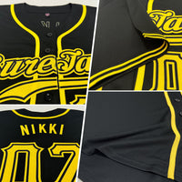 Custom Baseball Jersey, Black Gold Sportswear Jersey Shirt, Athletic Button Down Moisture Wicking Jersey, Casual Gift for Men, Style Black0352