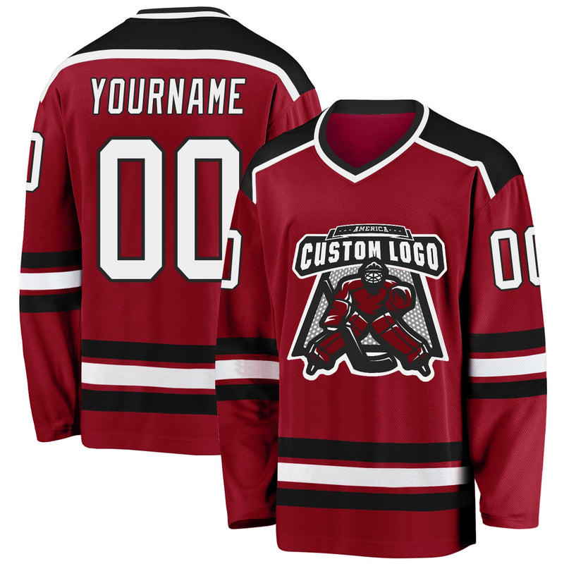 Custom Hockey Jersey, Maroon White Black Sportswear Jersey Shirt, Athletic Long Sleeve V Neck Jersey, Casual Gift for Men, Style Maroon0055