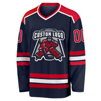 Custom Hockey Jersey, Navy Red White Sportswear Jersey Shirt, Athletic Long Sleeve V Neck Jersey, Casual Gift for Men