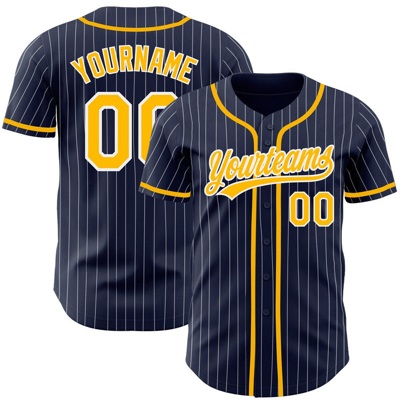 Custom Baseball Jersey, Navy White Gold Pinstripe Sportswear Jersey Shirt, Athletic Button Down Moisture Wicking Jersey, Casual Gift for Men