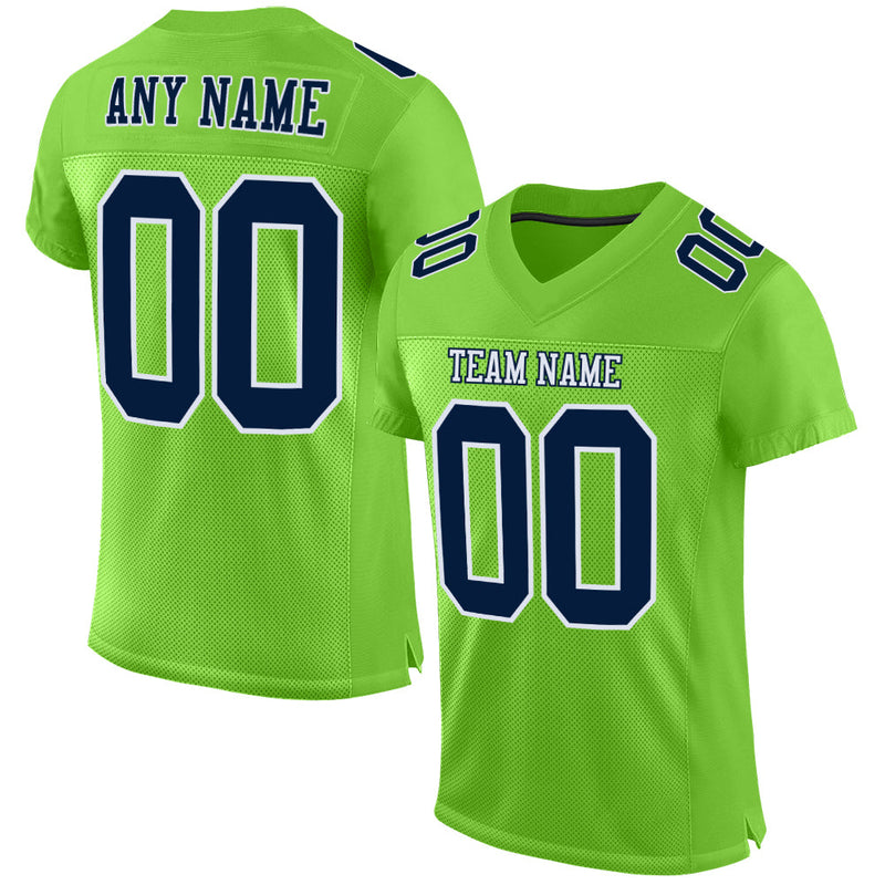 Custom Football Jersey, Neon Green Navy Sportswear Jersey Shirt, Athletic Mesh Moisture Wicking Jersey, Casual Gift for Men, Style NeonGreen0085